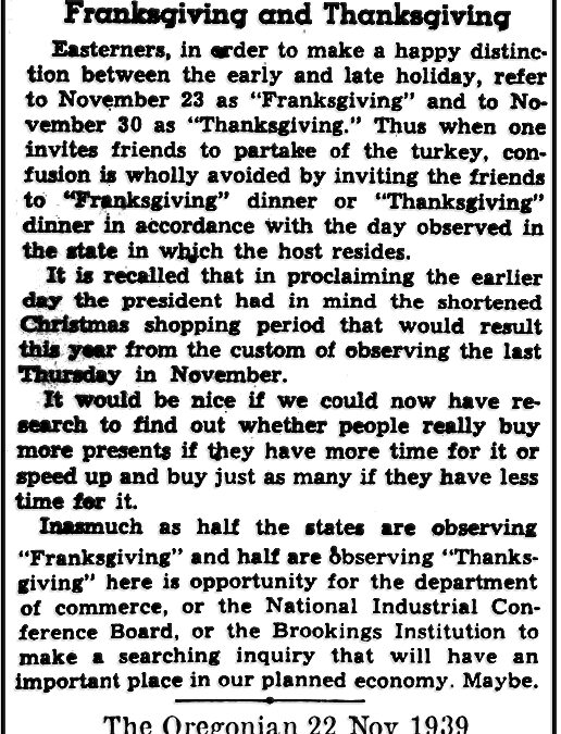 The Origins of “Black Friday”:  In 1939 They Called it “Franksgiving”